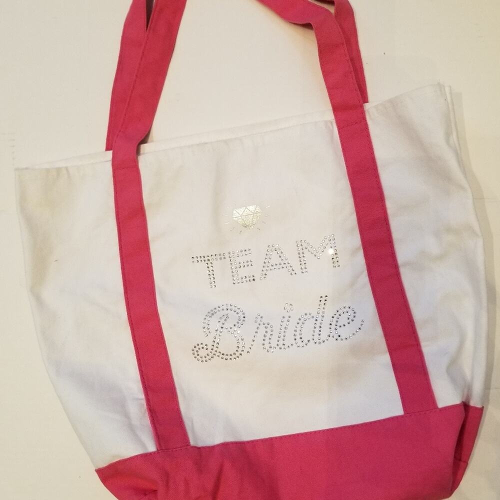 Team Bride Bridal Tote Bag Crystals Pink &‎  Ivory Canvas Bag Size M